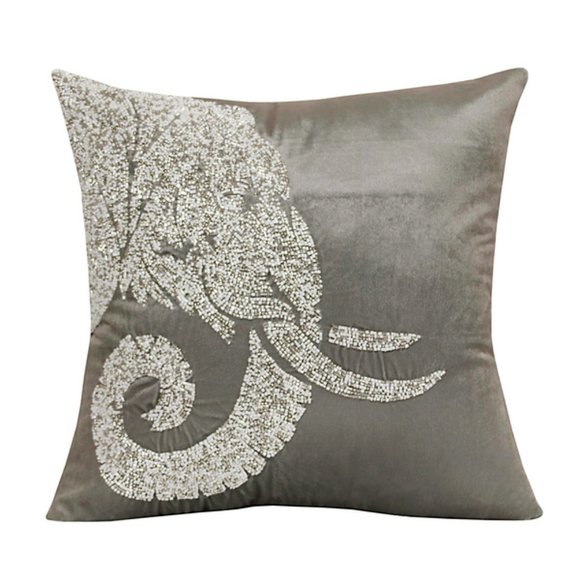 Elephant Pillow 18" x 18" Gray Silver Beaded - Picture 1 of 8
